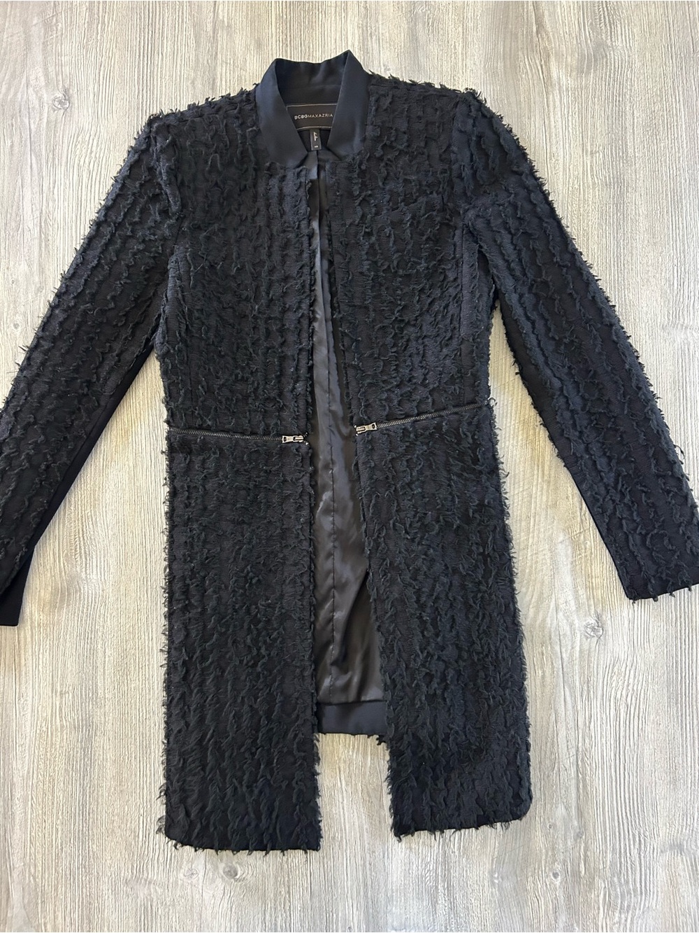 BCBGMAXAZRIA Black "Arelia" Textured Zip-Accented A-Line Long Jacket - Size XS